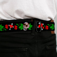 Load image into Gallery viewer, BD Wings Logo CLOSE-UP Full Color Black Silver Seatbelt Belt - Sugar Skull w/Roses &amp; Heart Webbing