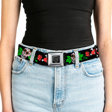 Load image into Gallery viewer, BD Wings Logo CLOSE-UP Full Color Black Silver Seatbelt Belt - Sugar Skull w/Roses &amp; Heart Webbing