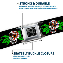 Load image into Gallery viewer, BD Wings Logo CLOSE-UP Full Color Black Silver Seatbelt Belt - Sugar Skull w/Roses &amp; Heart Webbing
