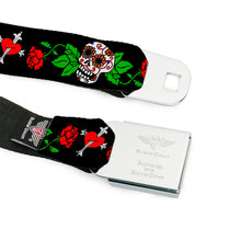 Load image into Gallery viewer, BD Wings Logo CLOSE-UP Full Color Black Silver Seatbelt Belt - Sugar Skull w/Roses &amp; Heart Webbing