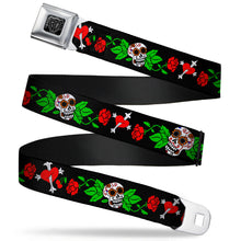 Load image into Gallery viewer, BD Wings Logo CLOSE-UP Full Color Black Silver Seatbelt Belt - Sugar Skull w/Roses &amp; Heart Webbing