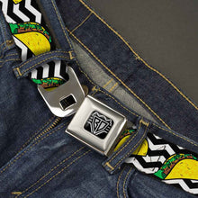 Load image into Gallery viewer, BD Wings Logo CLOSE-UP Full Color Black Silver Seatbelt Belt - Taco/Chevron Black/White Webbing