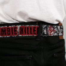 Load image into Gallery viewer, BD Wings Logo CLOSE-UP Full Color Black Silver Seatbelt Belt - ZOMBIE KILLER w/Stacked Zombies Sketch Webbing