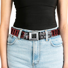 Load image into Gallery viewer, BD Wings Logo CLOSE-UP Full Color Black Silver Seatbelt Belt - ZOMBIE KILLER w/Stacked Zombies Sketch Webbing