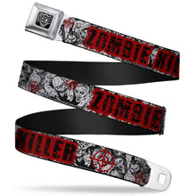 Load image into Gallery viewer, BD Wings Logo CLOSE-UP Full Color Black Silver Seatbelt Belt - ZOMBIE KILLER w/Stacked Zombies Sketch Webbing