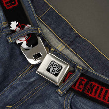Load image into Gallery viewer, BD Wings Logo CLOSE-UP Full Color Black Silver Seatbelt Belt - ZOMBIE KILLER Zombie Target Black/White/Red Webbing