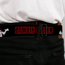 Load image into Gallery viewer, BD Wings Logo CLOSE-UP Full Color Black Silver Seatbelt Belt - ZOMBIE KILLER Zombie Target Black/White/Red Webbing
