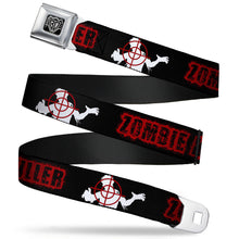 Load image into Gallery viewer, BD Wings Logo CLOSE-UP Full Color Black Silver Seatbelt Belt - ZOMBIE KILLER Zombie Target Black/White/Red Webbing