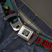 Load image into Gallery viewer, BD Wings Logo CLOSE-UP Full Color Black Silver Seatbelt Belt - ZOMBIE KILLER Zombie March Green/Red/Black Webbing