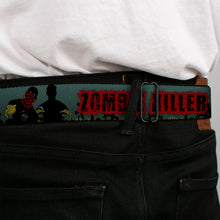 Load image into Gallery viewer, BD Wings Logo CLOSE-UP Full Color Black Silver Seatbelt Belt - ZOMBIE KILLER Zombie March Green/Red/Black Webbing