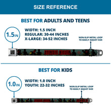 Load image into Gallery viewer, BD Wings Logo CLOSE-UP Full Color Black Silver Seatbelt Belt - ZOMBIE KILLER Zombie March Green/Red/Black Webbing