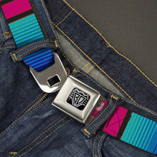 Load image into Gallery viewer, BD Wings Logo CLOSE-UP Full Color Black Silver Seatbelt Belt - Zarape7 Vertical Pinks/Blues/Greens/Black Webbing