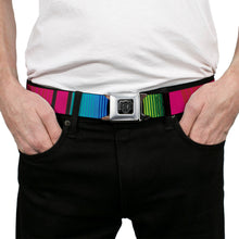 Load image into Gallery viewer, BD Wings Logo CLOSE-UP Full Color Black Silver Seatbelt Belt - Zarape7 Vertical Pinks/Blues/Greens/Black Webbing