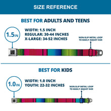 Load image into Gallery viewer, BD Wings Logo CLOSE-UP Full Color Black Silver Seatbelt Belt - Zarape7 Vertical Pinks/Blues/Greens/Black Webbing