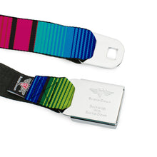 Load image into Gallery viewer, BD Wings Logo CLOSE-UP Full Color Black Silver Seatbelt Belt - Zarape7 Vertical Pinks/Blues/Greens/Black Webbing