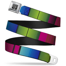 Load image into Gallery viewer, BD Wings Logo CLOSE-UP Full Color Black Silver Seatbelt Belt - Zarape7 Vertical Pinks/Blues/Greens/Black Webbing