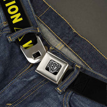 Load image into Gallery viewer, BD Wings Logo CLOSE-UP Full Color Black Silver Seatbelt Belt - CAUTION WATCH YOUR DUBSTEP Black/Yellow Webbing