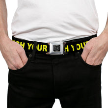 Load image into Gallery viewer, BD Wings Logo CLOSE-UP Full Color Black Silver Seatbelt Belt - CAUTION WATCH YOUR DUBSTEP Black/Yellow Webbing