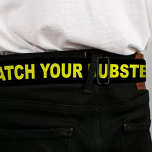 Load image into Gallery viewer, BD Wings Logo CLOSE-UP Full Color Black Silver Seatbelt Belt - CAUTION WATCH YOUR DUBSTEP Black/Yellow Webbing