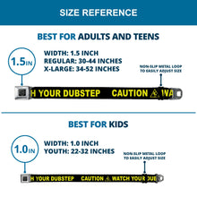Load image into Gallery viewer, BD Wings Logo CLOSE-UP Full Color Black Silver Seatbelt Belt - CAUTION WATCH YOUR DUBSTEP Black/Yellow Webbing