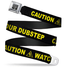 Load image into Gallery viewer, BD Wings Logo CLOSE-UP Full Color Black Silver Seatbelt Belt - CAUTION WATCH YOUR DUBSTEP Black/Yellow Webbing