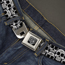 Load image into Gallery viewer, BD Wings Logo CLOSE-UP Full Color Black Silver Seatbelt Belt - Cartoon Sugar Skulls Stacked Black/White Webbing