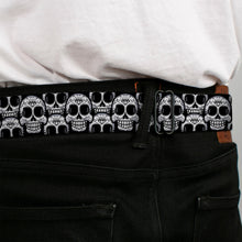 Load image into Gallery viewer, BD Wings Logo CLOSE-UP Full Color Black Silver Seatbelt Belt - Cartoon Sugar Skulls Stacked Black/White Webbing