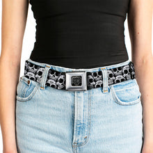 Load image into Gallery viewer, BD Wings Logo CLOSE-UP Full Color Black Silver Seatbelt Belt - Cartoon Sugar Skulls Stacked Black/White Webbing