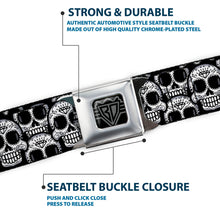 Load image into Gallery viewer, BD Wings Logo CLOSE-UP Full Color Black Silver Seatbelt Belt - Cartoon Sugar Skulls Stacked Black/White Webbing