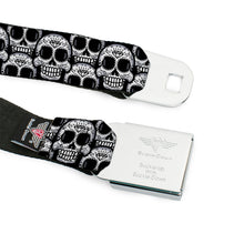 Load image into Gallery viewer, BD Wings Logo CLOSE-UP Full Color Black Silver Seatbelt Belt - Cartoon Sugar Skulls Stacked Black/White Webbing