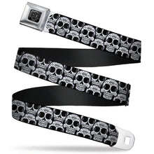 Load image into Gallery viewer, BD Wings Logo CLOSE-UP Full Color Black Silver Seatbelt Belt - Cartoon Sugar Skulls Stacked Black/White Webbing