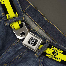 Load image into Gallery viewer, BD Wings Logo CLOSE-UP Full Color Black Silver Seatbelt Belt - CAUTION BIOHAZARD Black/Yellow Webbing