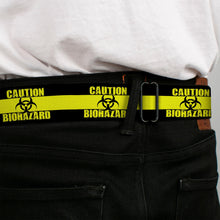 Load image into Gallery viewer, BD Wings Logo CLOSE-UP Full Color Black Silver Seatbelt Belt - CAUTION BIOHAZARD Black/Yellow Webbing