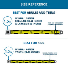 Load image into Gallery viewer, BD Wings Logo CLOSE-UP Full Color Black Silver Seatbelt Belt - CAUTION BIOHAZARD Black/Yellow Webbing