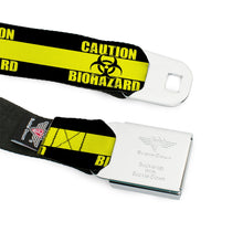 Load image into Gallery viewer, BD Wings Logo CLOSE-UP Full Color Black Silver Seatbelt Belt - CAUTION BIOHAZARD Black/Yellow Webbing