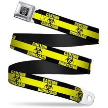 Load image into Gallery viewer, BD Wings Logo CLOSE-UP Full Color Black Silver Seatbelt Belt - CAUTION BIOHAZARD Black/Yellow Webbing