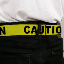 Load image into Gallery viewer, BD Wings Logo CLOSE-UP Full Color Black Silver Seatbelt Belt - CAUTION Yellow/Black Webbing