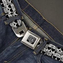 Load image into Gallery viewer, BD Wings Logo CLOSE-UP Full Color Black Silver Seatbelt Belt - Diamond Sugar Skull Stacked Black/Silver Fade/White Webbing