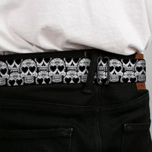 Load image into Gallery viewer, BD Wings Logo CLOSE-UP Full Color Black Silver Seatbelt Belt - Diamond Sugar Skull Stacked Black/Silver Fade/White Webbing