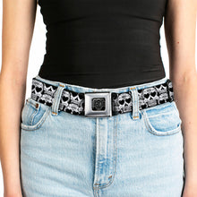 Load image into Gallery viewer, BD Wings Logo CLOSE-UP Full Color Black Silver Seatbelt Belt - Diamond Sugar Skull Stacked Black/Silver Fade/White Webbing