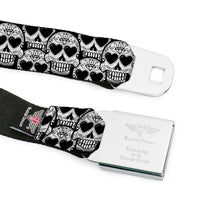 Load image into Gallery viewer, BD Wings Logo CLOSE-UP Full Color Black Silver Seatbelt Belt - Diamond Sugar Skull Stacked Black/Silver Fade/White Webbing