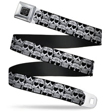 Load image into Gallery viewer, BD Wings Logo CLOSE-UP Full Color Black Silver Seatbelt Belt - Diamond Sugar Skull Stacked Black/Silver Fade/White Webbing