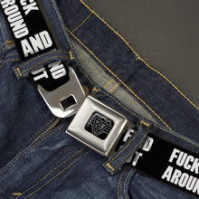 Load image into Gallery viewer, BD Wings Logo CLOSE-UP Black/Silver Seatbelt Belt - FAFO FUCK AROUND AND FIND OUT Bold Black/White Webbing