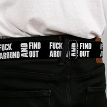 Load image into Gallery viewer, BD Wings Logo CLOSE-UP Black/Silver Seatbelt Belt - FAFO FUCK AROUND AND FIND OUT Bold Black/White Webbing