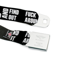 Load image into Gallery viewer, BD Wings Logo CLOSE-UP Black/Silver Seatbelt Belt - FAFO FUCK AROUND AND FIND OUT Bold Black/White Webbing
