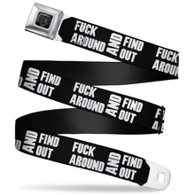 Load image into Gallery viewer, BD Wings Logo CLOSE-UP Black/Silver Seatbelt Belt - FAFO FUCK AROUND AND FIND OUT Bold Black/White Webbing