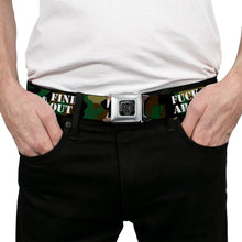 Load image into Gallery viewer, BD Wings Logo CLOSE-UP Black/Silver Seatbelt Belt - FAFO FUCK AROUND &amp; FIND OUT Stencil Camo/White Webbing