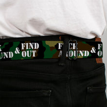 Load image into Gallery viewer, BD Wings Logo CLOSE-UP Black/Silver Seatbelt Belt - FAFO FUCK AROUND &amp; FIND OUT Stencil Camo/White Webbing