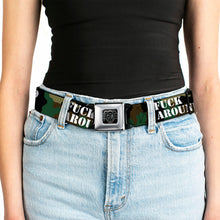 Load image into Gallery viewer, BD Wings Logo CLOSE-UP Black/Silver Seatbelt Belt - FAFO FUCK AROUND &amp; FIND OUT Stencil Camo/White Webbing