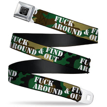 Load image into Gallery viewer, BD Wings Logo CLOSE-UP Black/Silver Seatbelt Belt - FAFO FUCK AROUND &amp; FIND OUT Stencil Camo/White Webbing